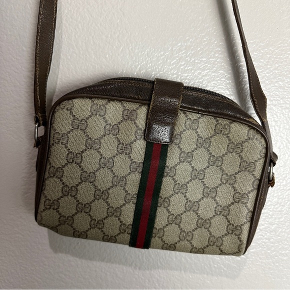 GUCCI Web Sherry Line GG Canvas Shoulder Bag PVC Leather Beige Green Vintage - Picture 1 of 15
